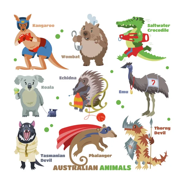 Animaux australiens vecteur dessin animé personnage animalier dans la faune Australie kangourou sportif koala crocodile dans l'illustration de costume. Ensemble de wombat sauvage et emu isolé sur fond blanc — Image vectorielle