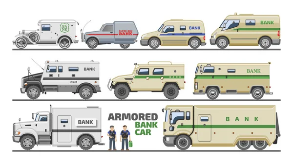 Opancerzony pojazd wektor bank van transport samochód ilustracja zbroja transport zestaw samochodów ciężarowych z pieniędzy bezpieczeństwa ludzi w kuloodporny charakter izolowane na białym tle — Wektor stockowy