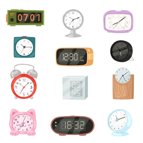 Wekker klok vector moderne wijzerplaat klokt in de tijd met uur of minuut pijlen illustratie kinderachtig klokken object timer set geïsoleerd op witte achtergrond — Stockvector