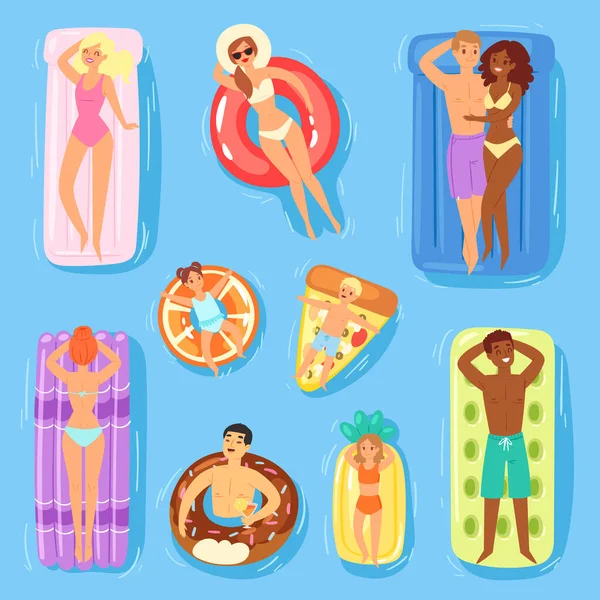 Les gens sur matelas gonflable vecteur femme homme personnages en maillot de bain sur beignet flottant dans la piscine ou la mer illustration ensemble de filles garçons dans la piscine isolé sur fond — Image vectorielle