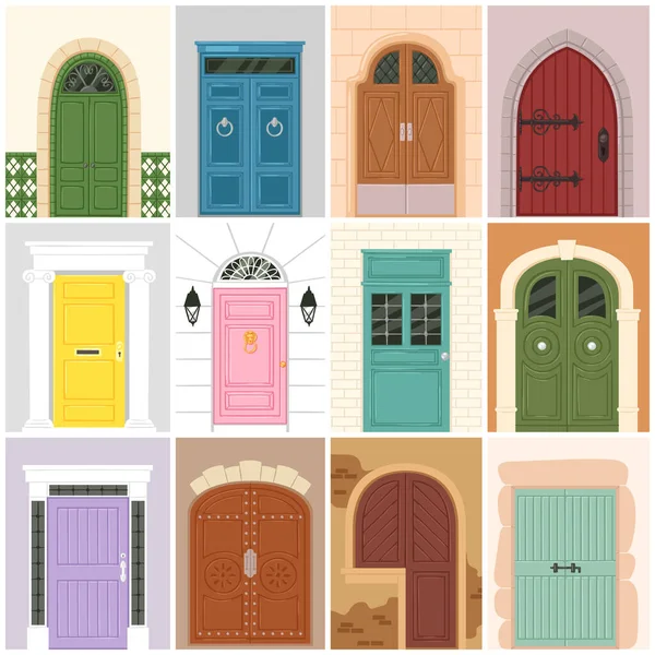 Doors vector vintage doorway front entrance wooden entry indoor house wall nterior illustration set medieval building doorpost doorsill and gate isolated on background — Stock Vector