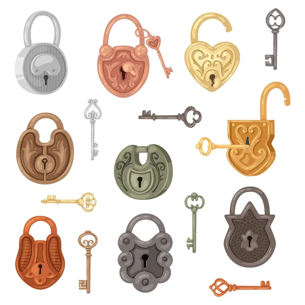 Cadenas de verrouillage vectoriel pour la protection de sécurité et de sûreté avec mécanisme de verrouillage des clés verrouillé pour verrouiller ou verrouiller système de verrouillage à clé illustration mis isolé sur fond blanc — Image vectorielle