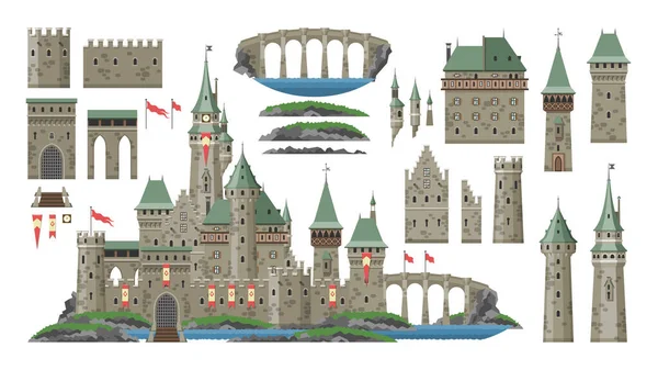 Desenhos animados castelo vetor conto de fadas medieval torre de fantasia palácio edifício no reino fairyland ilustração conjunto de histórico conto de fadas casa bastião construtor isolado no fundo branco — Vetor de Stock