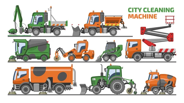 Város tisztító gép vektor jármű teherautó seprő tisztító mosó utak utcák illusztráció készlet kotró buldózer traktor teherautó szállítás elszigetelt fehér háttér — Stock Vector