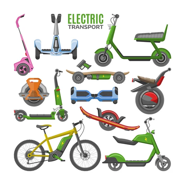 Vector de transporte eléctrico hoverboard scooter electro-bike segway gyroscooter ilustración conjunto de monomotor eléctrico ciclo eco balanceboard aislado sobre fondo blanco — Vector de stock