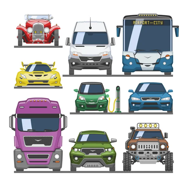 Araç vektör ön görünümü otomobil taşımacılığı off-road otomobil spor araba çizim seti ve beyaz arka planda izole edilmiş şehir arabası tasviri — Stok Vektör
