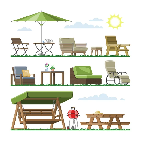 Κήπος έπιπλα διάνυσμα τραπέζι καρέκλα κάθισμα στη βεράντα σχεδιασμό εξωτερική στη θερινή αυλή έξω από την εικόνα κηπουρική χαλάρωση σύνολο επιπλωμένων πολυθρόνα απομονωμένη σε λευκό φόντο — Διανυσματικό Αρχείο
