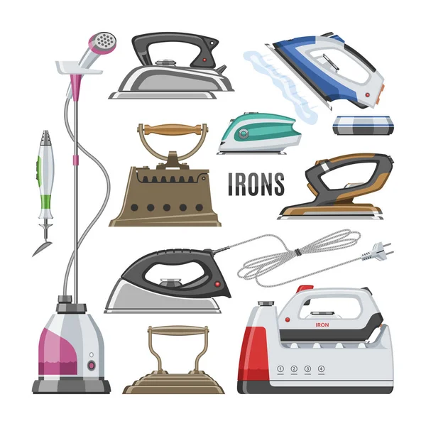 Iron vector menyetrika alat rumah tangga listrik kapal uap pekerjaan rumah tangga ilustrasi ironi rumah tangga set peralatan uap ironi panas terisolasi di latar belakang putih - Stok Vektor