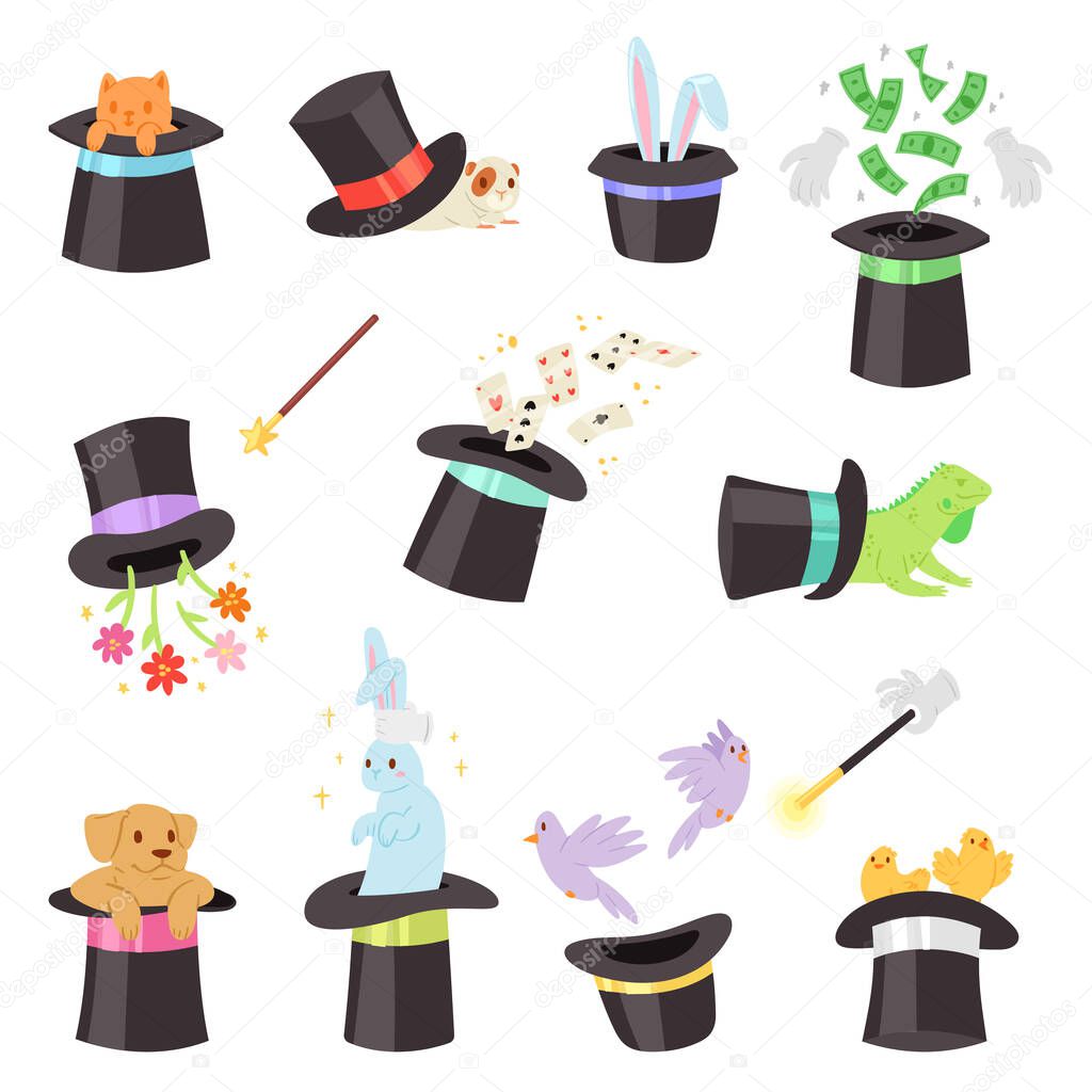 Magician hat vector illusionist show with animal character cat dog playing cards in magical hat illustration set of cartoon magic show with bunny birds illusion isolated on white background