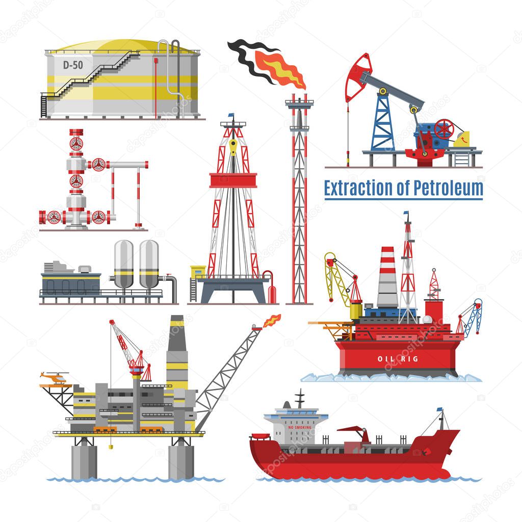 Oil industry vector oily products oiled technology producing drilling fuel petrol petroleum pump oil-rig illustration set of industrial equipment crane ship isolated on white background