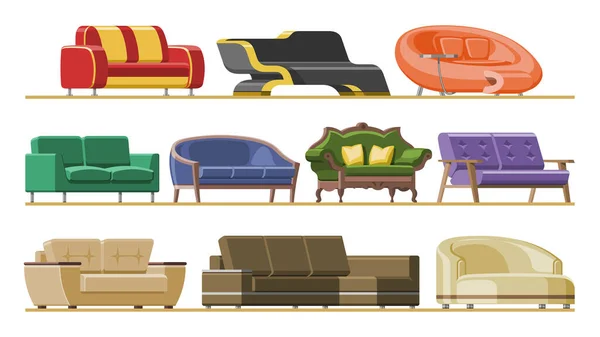 Sofá vector muebles modernos sofá asiento amueblado diseño interior de la sala de estar en casa apartamento ilustración decoración conjunto de sillón moderno sofá cama sofá aislado sobre fondo blanco — Vector de stock