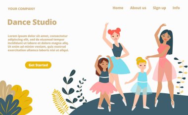 Kadın dans stüdyosu iniş sitesi, konsept afiş web sitesi karikatür vektör illüstrasyonu şablonu. Şirket web sitesi, kadın çalışma odası.