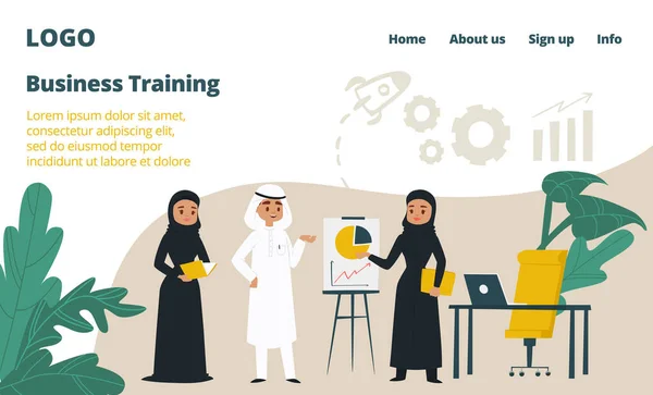 Árabe de treinamento de negócios landing web page, conceito banner website template cartoon vector illustration. Página do site da empresa, corporação país árabe . — Vetor de Stock