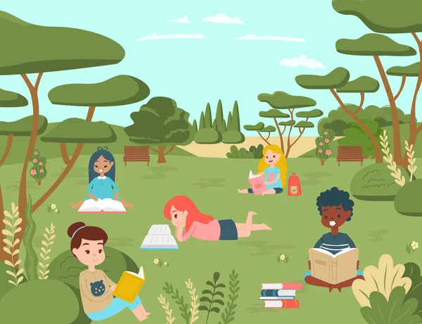 Çocuk karakterler ulusal doğal parkta kitap okurlar, çocuk rahatlar açık havada konsept çizgi film çizimleri çizer. Okul ve üniversite günü. — Stok Vektör