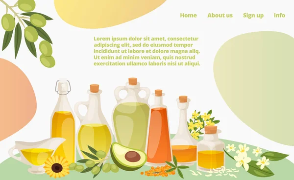 Varie pagine web di atterraggio olio sano, concetto banner sito web modello cartone animato vettoriale illustrazione. Avocado moderno, girasole e grasso d'oliva . — Vettoriale Stock