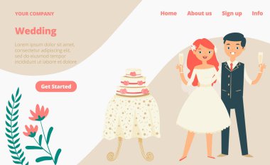 Düğün kutlaması web sitesi, konsept afiş web sitesi karikatür vektör resimleme şablonu. Web sitesi afişi, modern karakter şenliği evlendi.