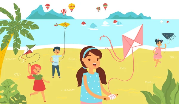 Group children running beach with kite, cheerfully character kid time spend cartoon vector illustration. Female male child fun relax tropical beachfront.