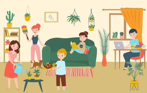 Família relaxar quarto, personagem pai mãe filhos ficar em casa cartoon vetor ilustração. Grupo as pessoas passam o tempo doméstico . — Vetor de Stock