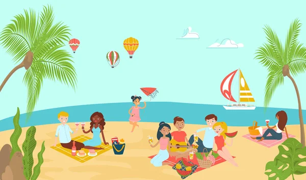 Belle plage océan lieu, couple amoureux se détendre paradis tropical bord de mer et repos familial pique-nique plat vecteur illustration. — Image vectorielle