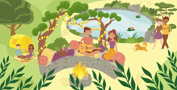 Personaje masculino picnic femenino en el parque nacional relajarse, jardín al aire libre descanso tranquilo lugar plano vector ilustración. Preciosa pareja fecha . — Archivo Imágenes Vectoriales