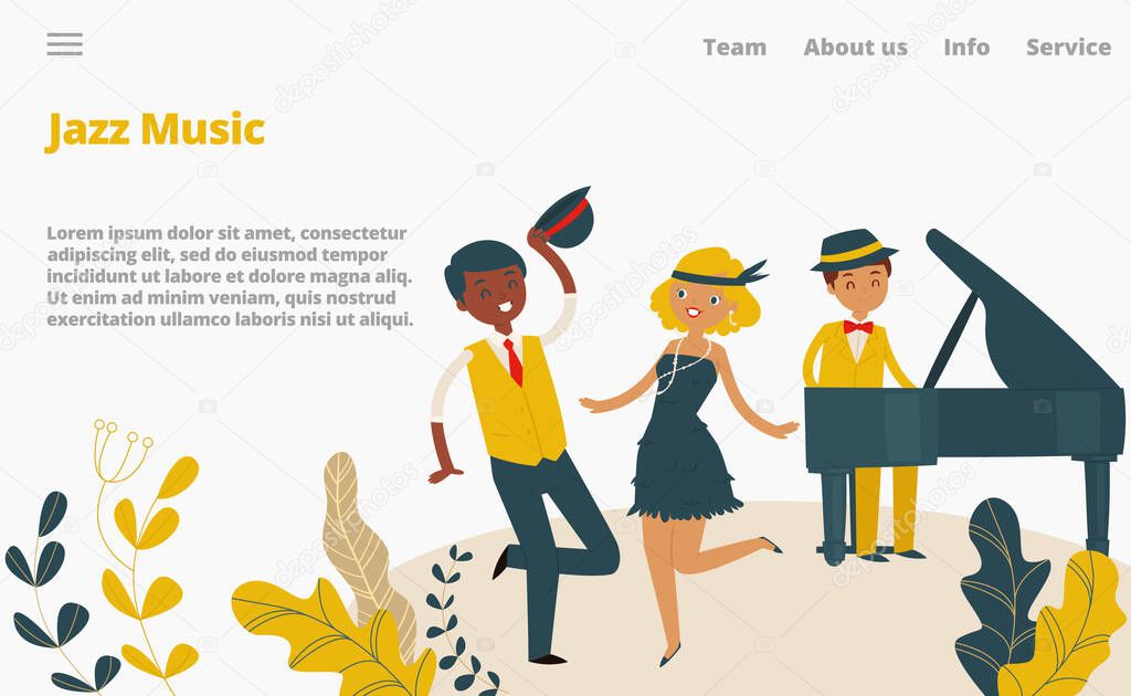 Jazz music studio landing web page, concept banner website template cartoon vector illustration. Company website page, female male character dance.