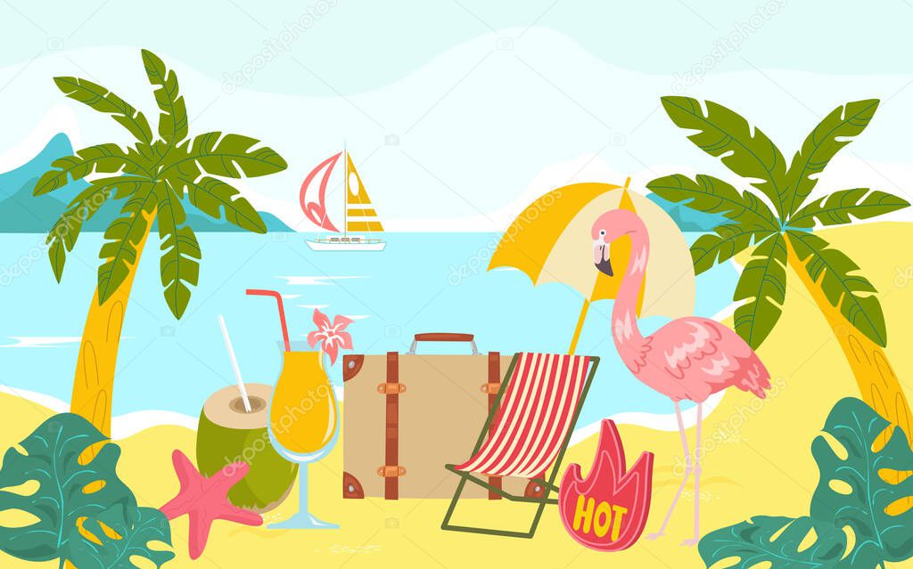 Hot travel tour, trip around world earth pink flamingo stay beach chair and palm tree cartoon vector illustration. Concept suitcase excursion.