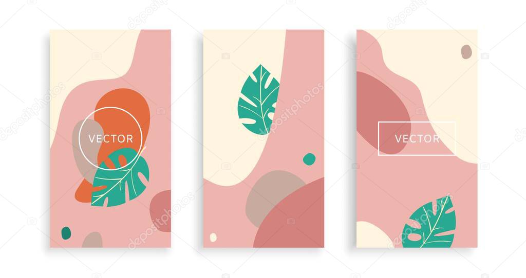 Set banners organic shapes, bookmark background, bright graphic template, modern abstract poster, cartoon vector illustration.