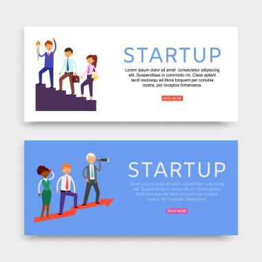 Başlangıç afişi, set web siteleri, iş tanıtım konsepti, şirket büyüme teknolojisi, düz biçim vektör illüstrasyonu.