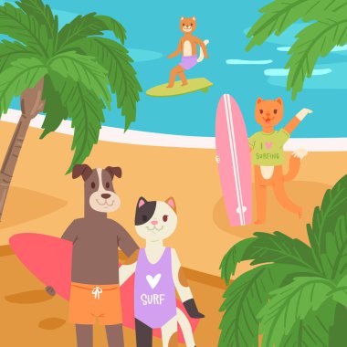 Hayvanlar sörf, çizgi film stili, şirin çizimler, köpekler, kediler okyanus yakınında doğa sporu yapıyor, tasarım, düz çizim..