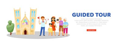 Tur rehberi, reklam pankartı, turist sitesi, seyahat bilgi portalı, seyahat tatili, çizgi film stili illüstrasyon.