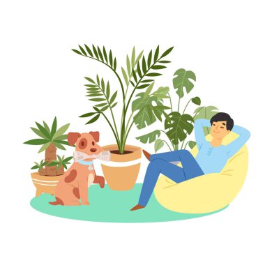 Mutlu adam ve neşeli köpek yavrusu, evcil hayvan, sevimli, mutlu adam dairede en iyi arkadaşıyla, tasarım, çizgi film stili çizim çizimi.