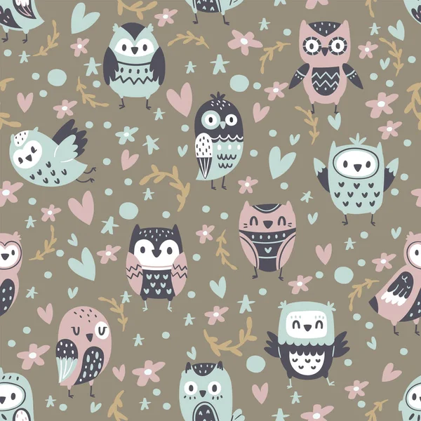 Chouettes drôles de dessins animés, motif sans couture, animaux mignons, conception de collection oiseaux charmants, illustration vectorielle de style dessin animé. — Image vectorielle