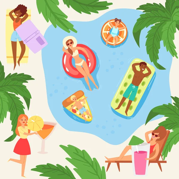 Pessoas no estilo dos desenhos animados em colchões, verão quente, recreação ao ar livre, feliz praia de veranistas, design, ilustração vetorial plana . — Vetor de Stock