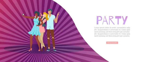 Trendy party banner, poster festivo, colorato, radioso sfondo viola, evento gioioso, design, illustrazione vettoriale in stile cartone animato. — Vettoriale Stock