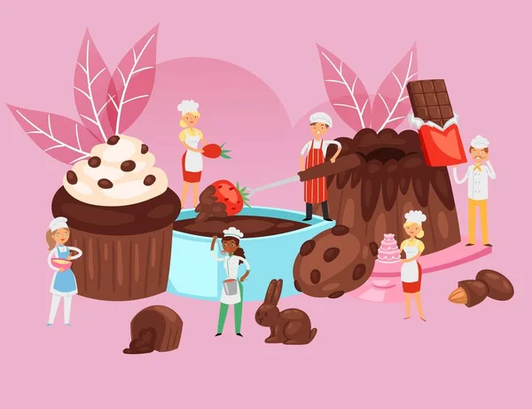 La gente cocina chocolate, composición de la receta de alimentos, pancarta de panadería profesional, postres para hornear, ilustración vectorial de estilo de dibujos animados . — Vector de stock
