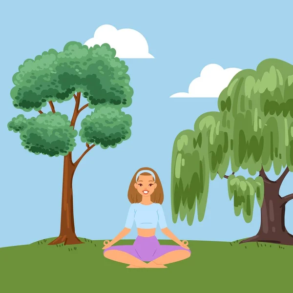 Fondo, aptitud relajante en el bosque, la naturaleza promueve la salud, haciendo yoga de verano al aire libre, ilustración vectorial estilo de dibujos animados . — Archivo Imágenes Vectoriales