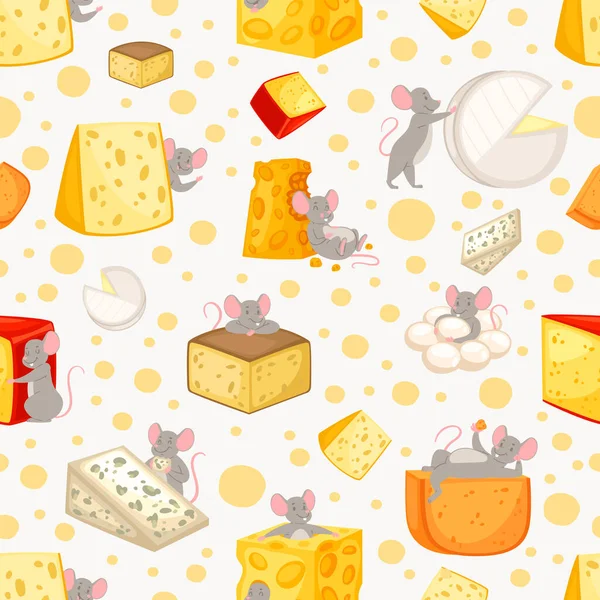 Sömlös mönster skivad ost och möss i tecknad stil, mönster söt djur, mat, design, platt stil vektor illustration. — Stock vektor