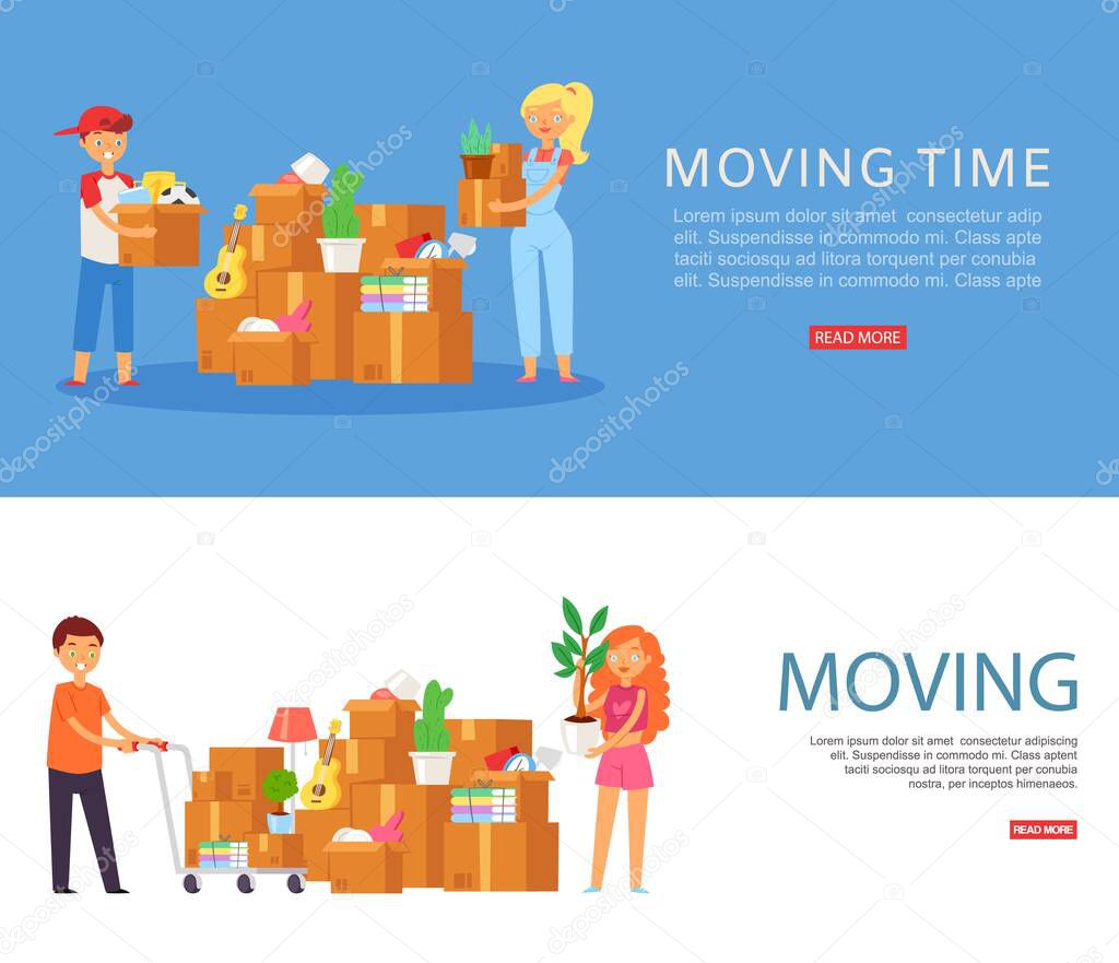 moving time, inscription on banner, woman in house, apartment with collected things, design, cartoon style vector illustration.
