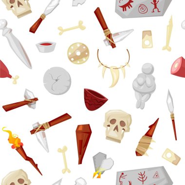 Mağara adamı aletleri, silah ve nesneler, taş devrindeki yaşam elementleri, mağara mamut kemiği, kafatası ve tanrıların heykelcikleri kusursuz desenli vektör çizimleri..