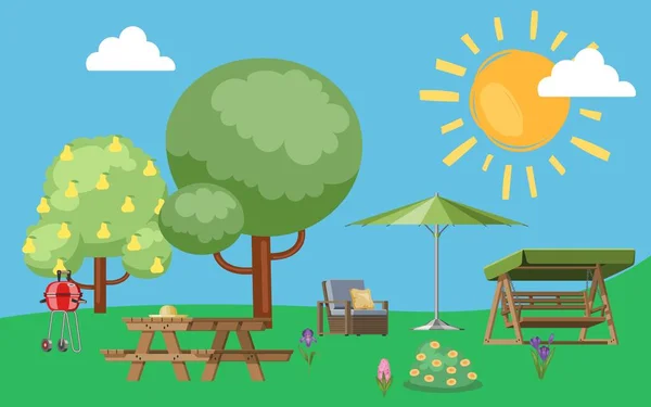 Lato, przydatne do wypoczynku w parku przyrody, na zewnątrz, kolorowe tło, camping, projekt, styl kreskówki wektor ilustracja. — Wektor stockowy