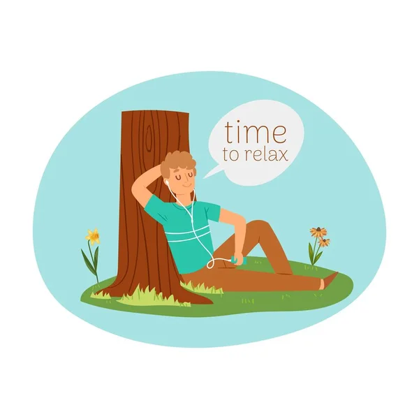 Time to relax, vacation concept, fashionable outdoor recreation, young man listening to music, cartoon style vector illustration.