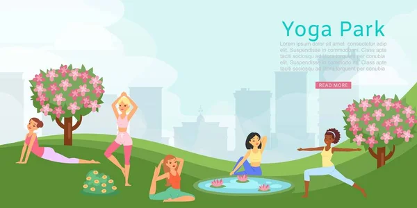 Letras parque de yoga, anuncio de pancarta, entrenamiento de fitness femenino, actividades de personas de salud, diseño, ilustración vectorial de estilo de dibujos animados . — Archivo Imágenes Vectoriales