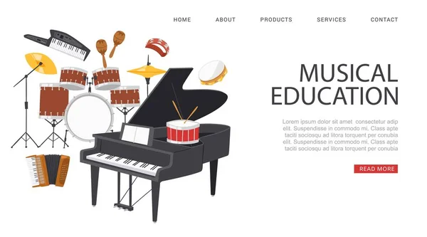 Επιγραφή μουσική εκπαίδευση, διαφήμιση banner, αναφοράς Πληροφορίες ιστοσελίδα, πύλη για μουσικούς, εικονογράφηση φορέα στυλ κινουμένων σχεδίων. — Διανυσματικό Αρχείο