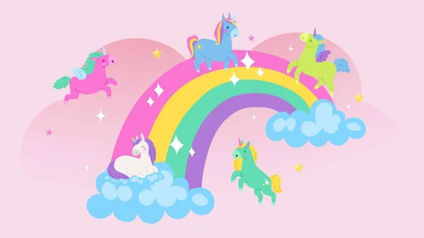 Unicórnios no arco-íris, cartaz das crianças, mundo de fantasia bonito, fundo rosa colorido, design, ilustração vetorial estilo cartoon . — Vetor de Stock