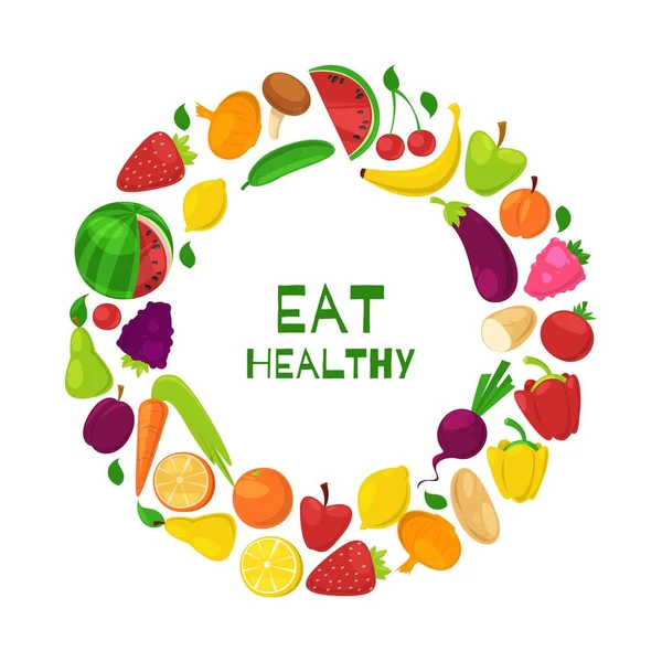Organic healthy fruits and vegetables in circle eat healthy cartoon vector illustration. — Stock Vector