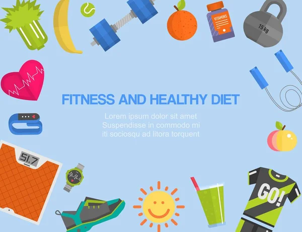 Άσκηση, γυμναστήριο, καρδιο, υγιεινή διατροφή και lifestyle διαφήμιση αφίσα με κλίμακες βάρους, σπορ φθορά και τα τρόφιμα διανυσματική απεικόνιση. — Διανυσματικό Αρχείο