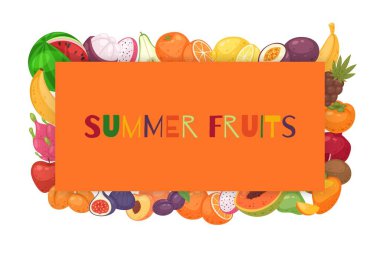 Yaz meyvesi afişi, vektör illüstrasyonu. Gıda tasarımı geçmişi, taze tropikal doğal ürün, şablon posteri..