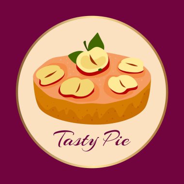 Arka planda elmalı turta, vektör çizimi. Pasta, tatlı yemek, tatlı afişi, meyveli pasta..