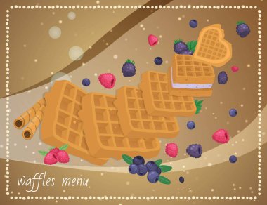 Cafe tatlı afişi, yemek waffle menüsü, vektör illüstrasyonu. Tatlı çilek arkaplanlı waffle kahvaltı pastası. Bisküvi şekeri