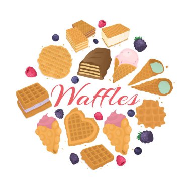 Waffle tatlı geri grond, vektör çizimi. Lezzetli bir öğle yemeği, pastanede kremalı gofret atıştırması, lezzetli bir kahvaltı..